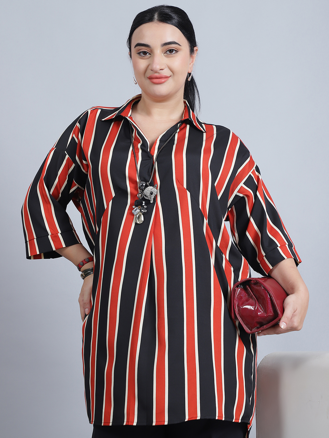 BaawRi Women's Shirt Collar & 3/4th Sleeves Rust Stripe Printed Long Top - Image 6