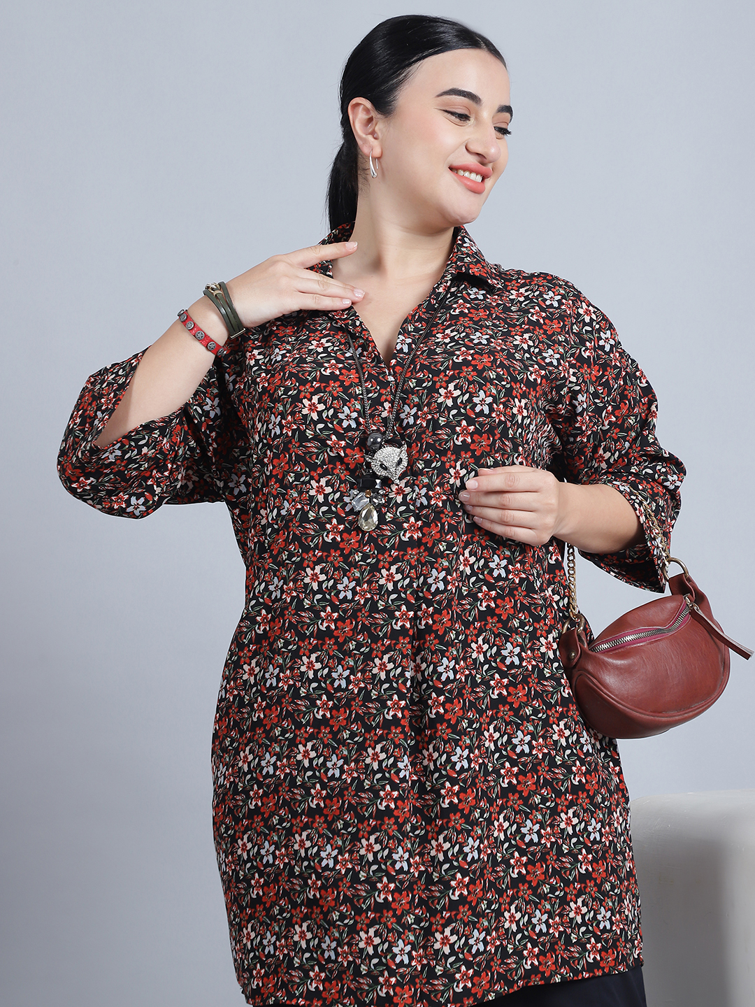 BaawRi Women's Shirt Collar & 3/4th Sleeves Red Printed Long Top - Image 6