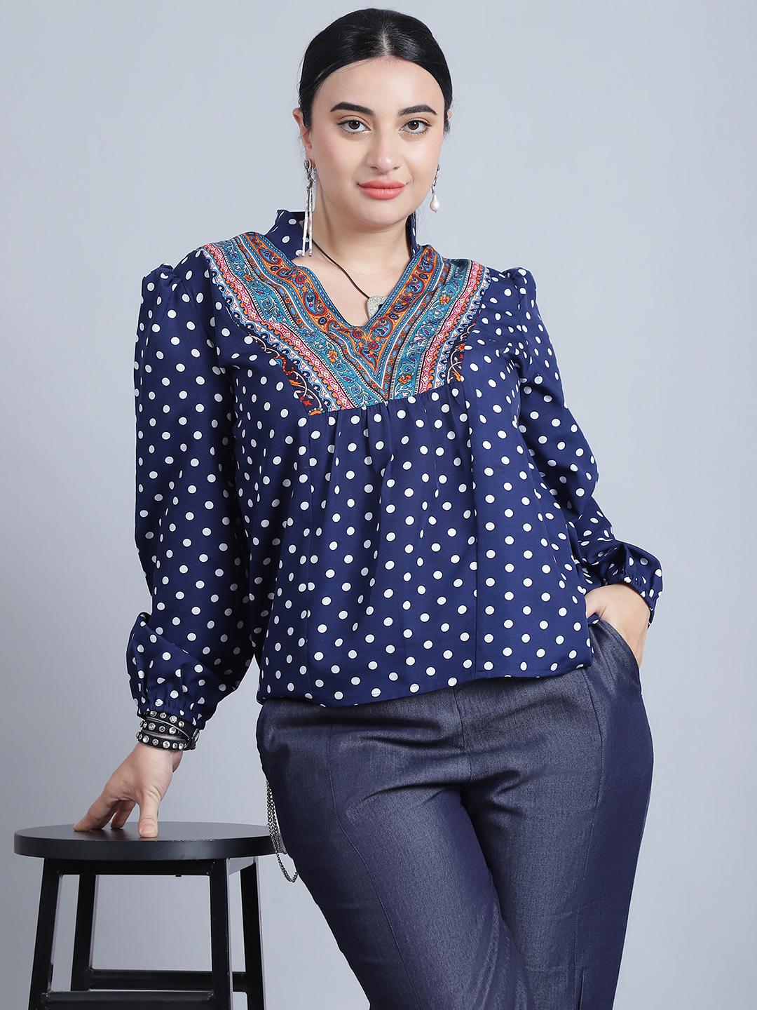 BaawRi Women's Long Sleeves & Front Gathered Polka dot Printed Regular Top - Image 6