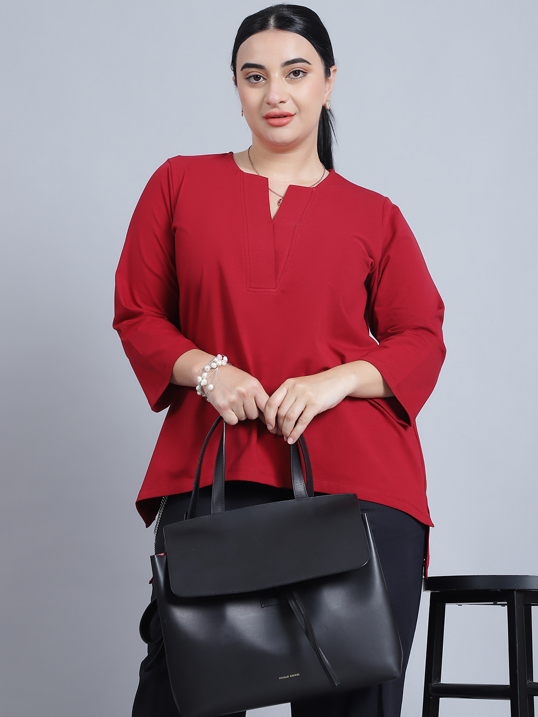 BaawRi Women's Mandarin collar & Long Sleeves Solid Red Color Regular Top - Image 6