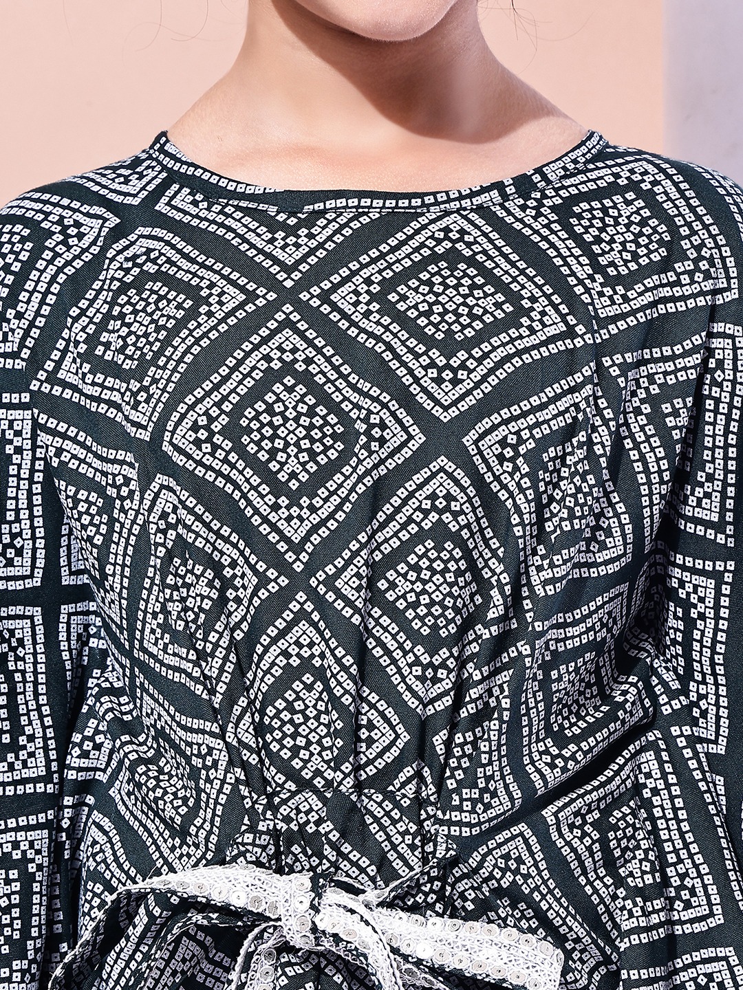 Girls Green Bandhani Cotton Kaftan Top with Lace Belt & Ecru Jersey Pants – Ethnic Co-ord Set for Girls - Image 6