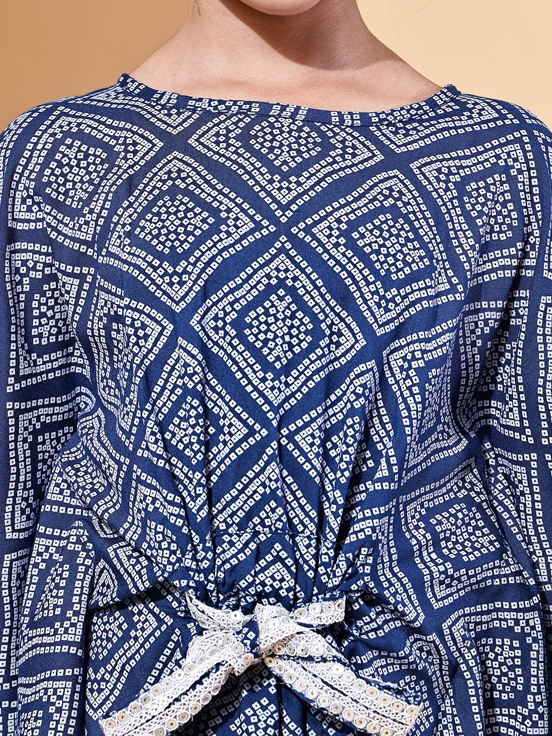 BaawRi Girls Blue Bandhani Cotton Kaftan Top with Lace Belt & Ecru Jersey Pants – Festive & Ethnic Co-ord Set - Image 6