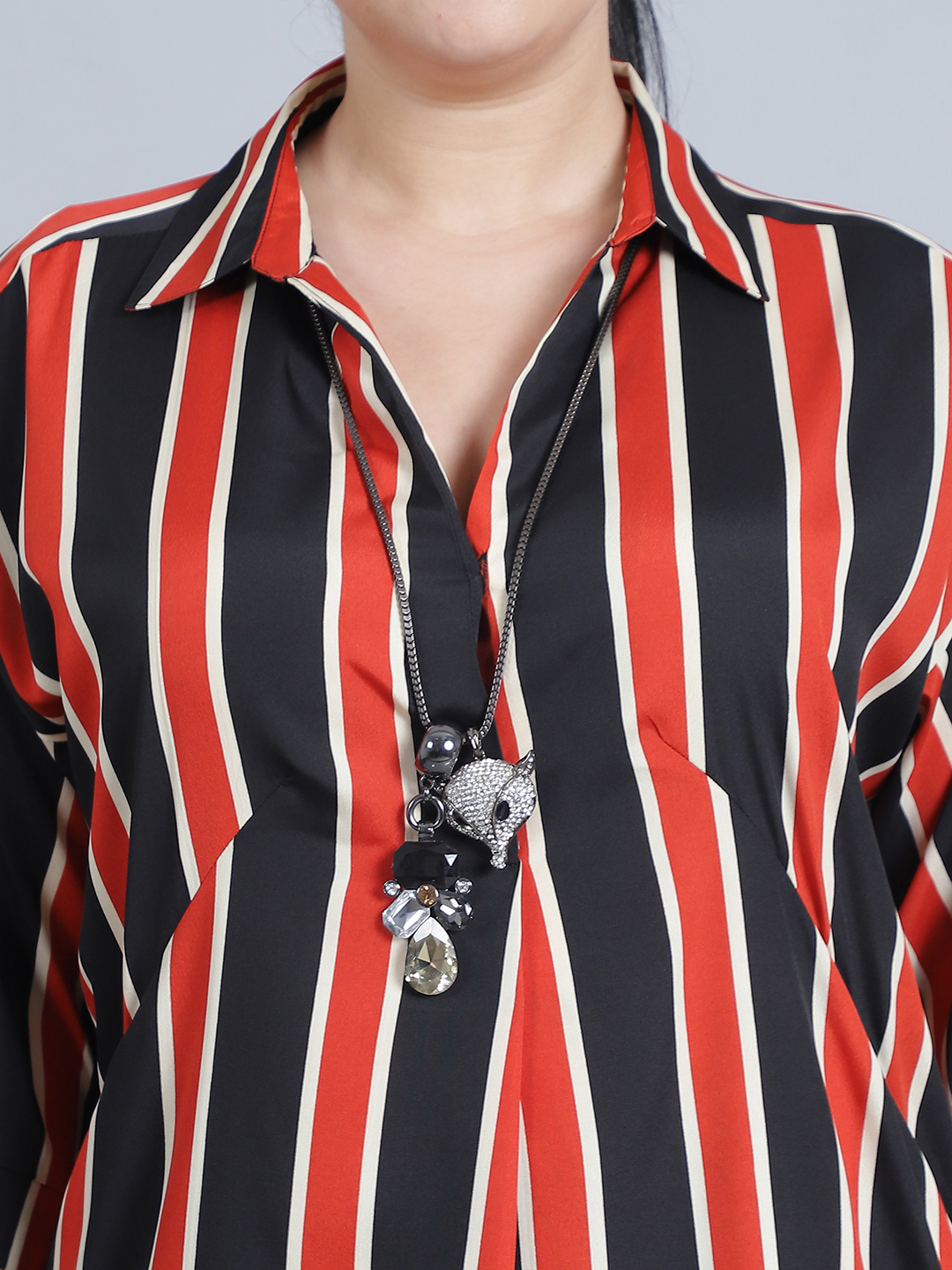 BaawRi Women's Shirt Collar & 3/4th Sleeves Rust Stripe Printed Long Top - Image 7