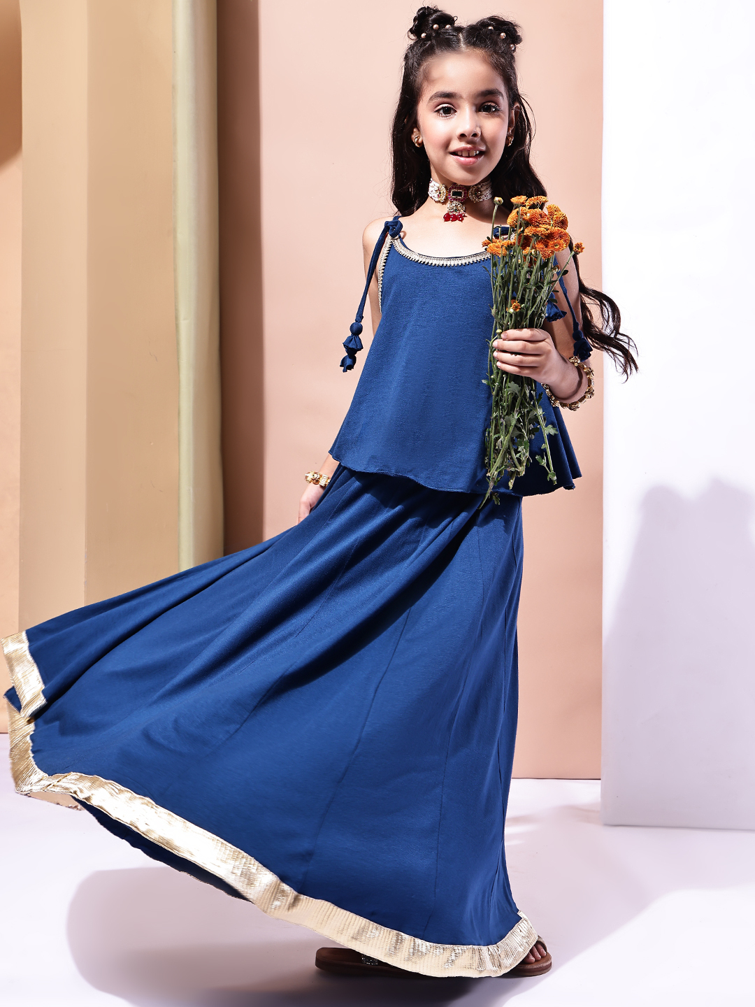 BaawRi Girls Soft Viscose Jersey Blue Lehenga Choli with Golden Lace Detailing - Image 8