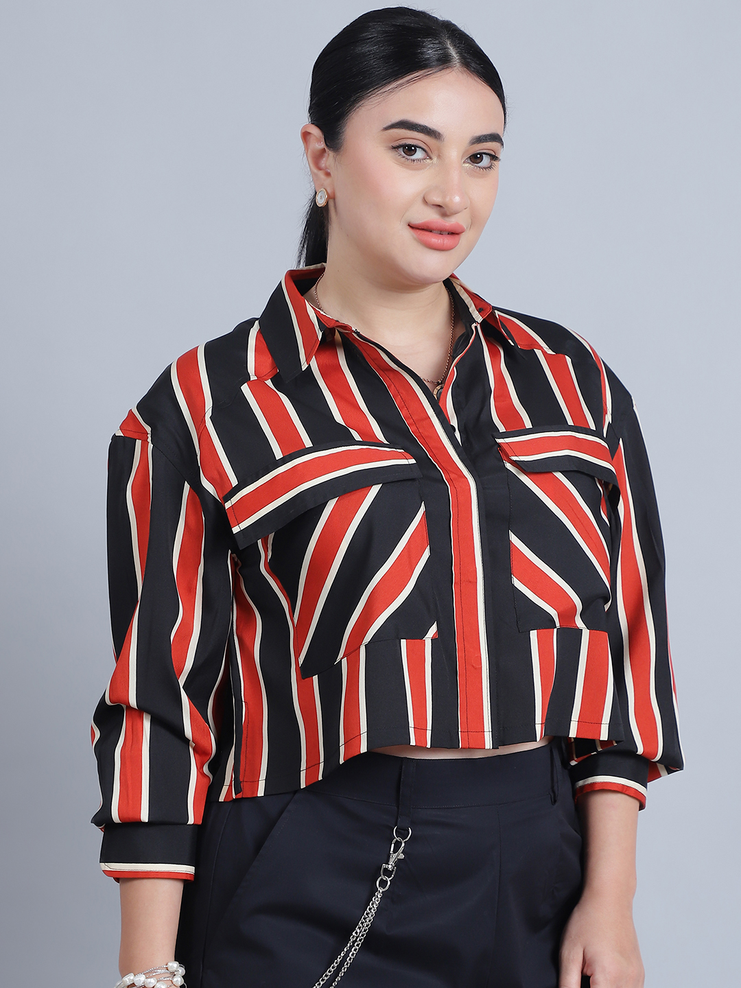 Alternative view of Women's Collar, Full Sleeves & Front Open Stripe Printed Short Top