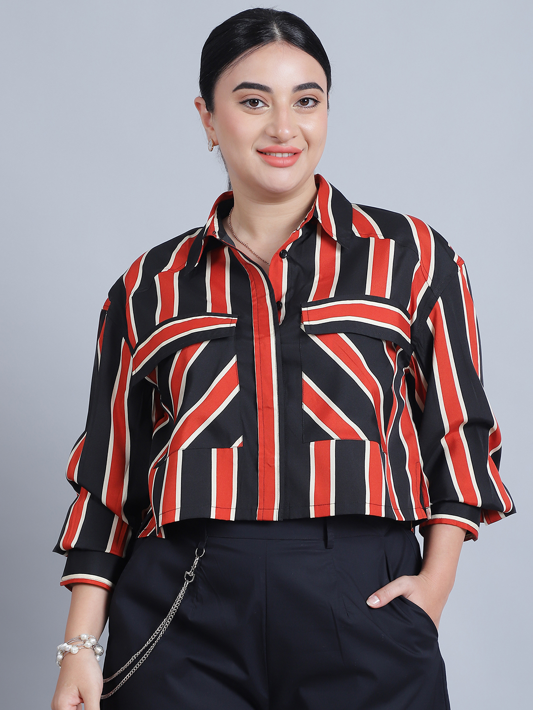 Women's Collar, Full Sleeves & Front Open Stripe Printed Short Top