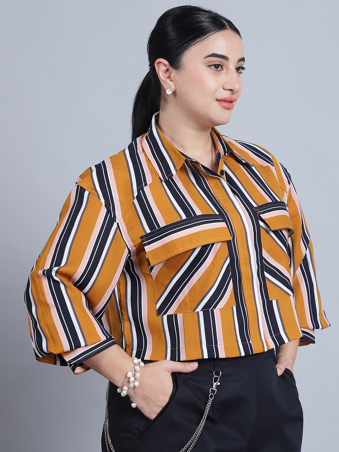 Alternative view of Women's Shirt Colar, Full Sleeves & Front Open Stripe Printed Short Top