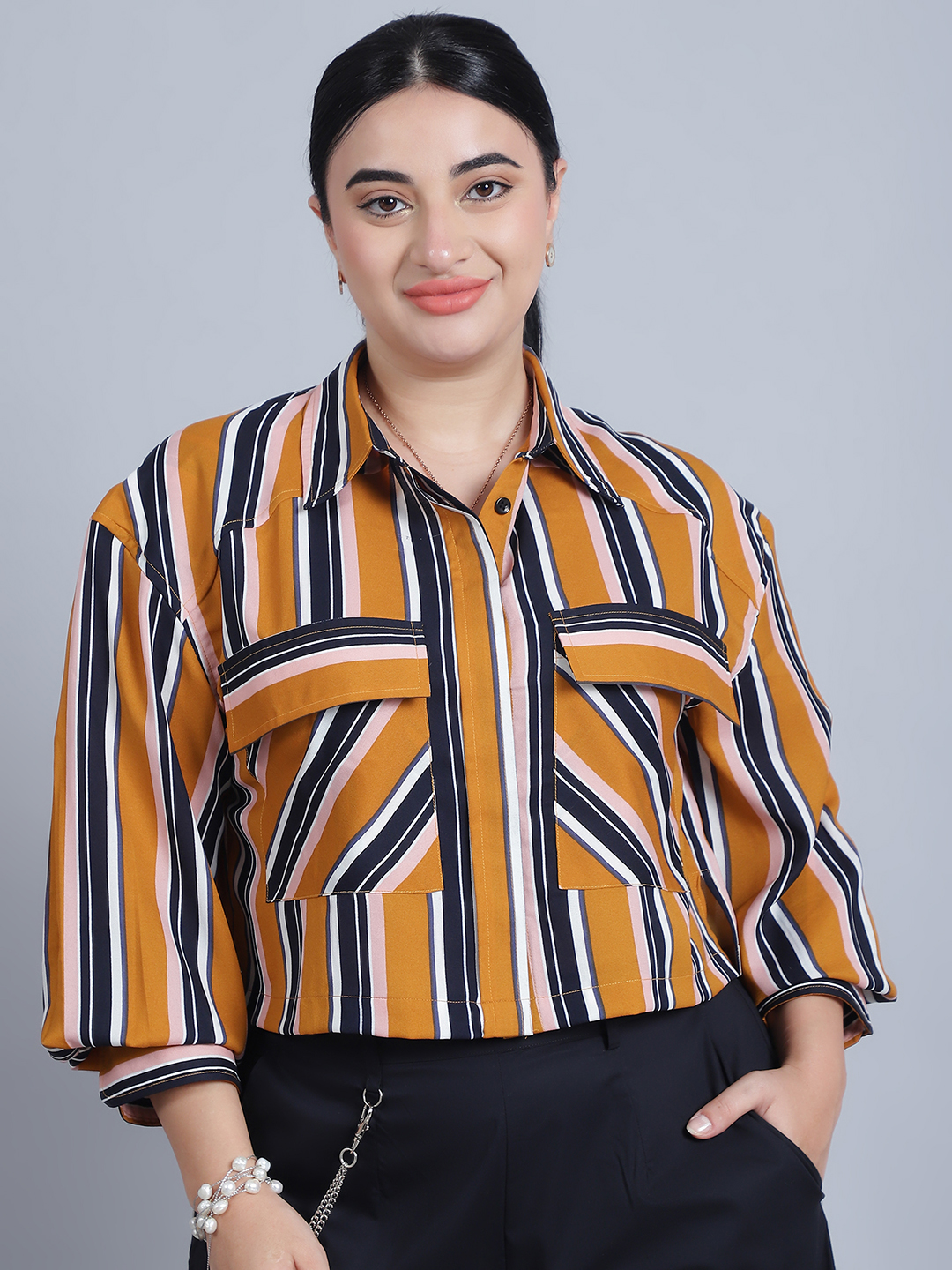 Women's Shirt Colar, Full Sleeves & Front Open Stripe Printed Short Top