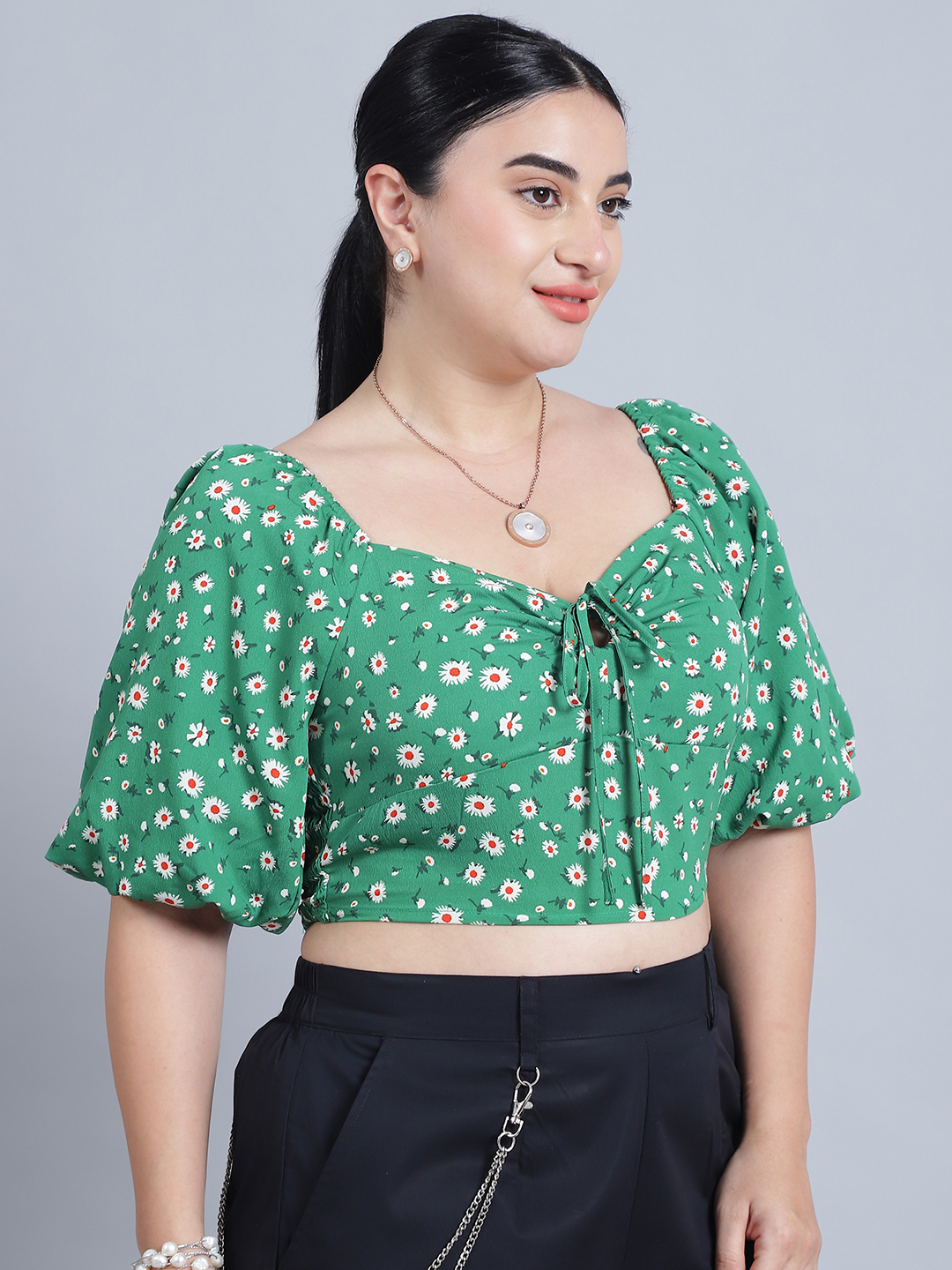 Alternative view of BaawRi Women's V-Neck, Half Sleeves & Front Tie-Knot Green Printed Regular Top