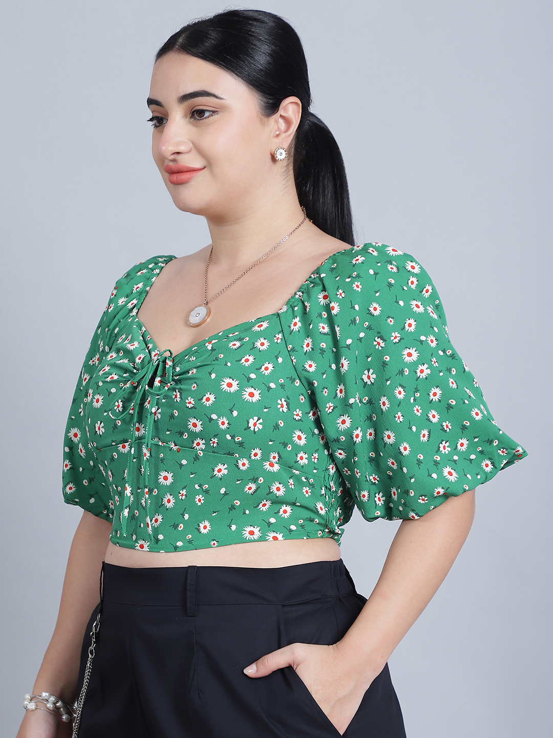 BaawRi Women's V-Neck, Half Sleeves & Front Tie-Knot Green Printed Regular Top - Image 3