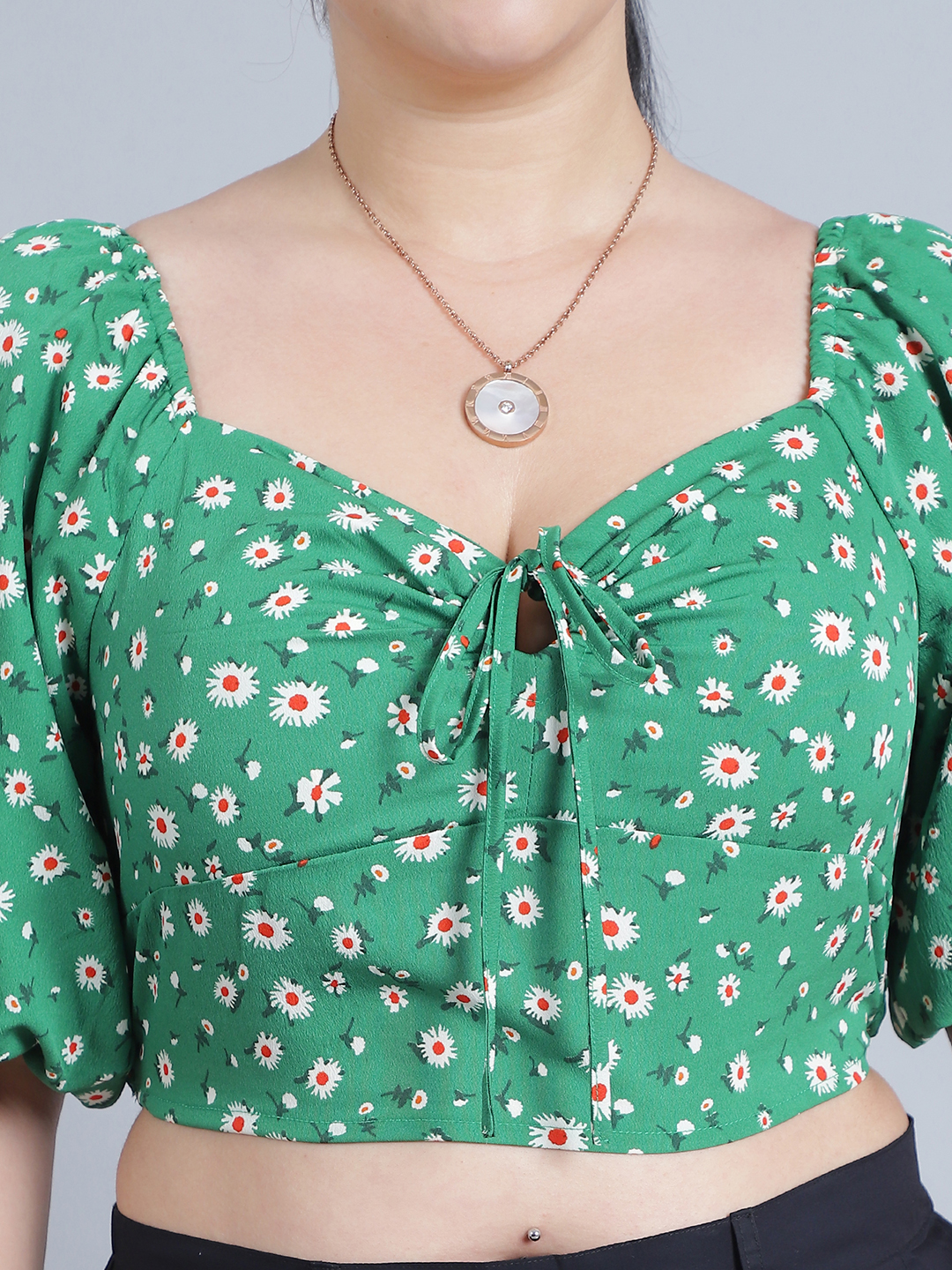 BaawRi Women's V-Neck, Half Sleeves & Front Tie-Knot Green Printed Regular Top - Image 5