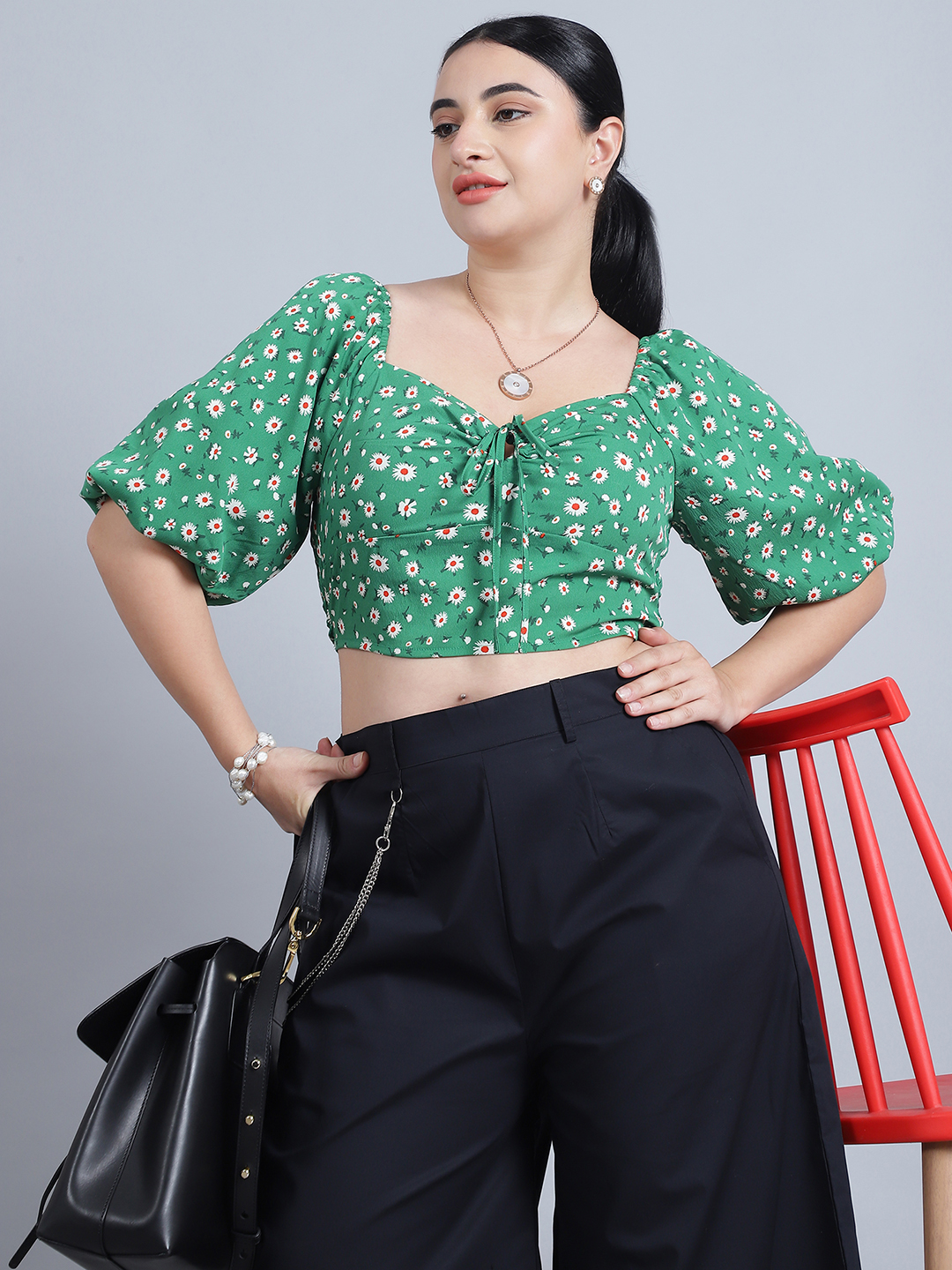 BaawRi Women's V-Neck, Half Sleeves & Front Tie-Knot Green Printed Regular Top - Image 7