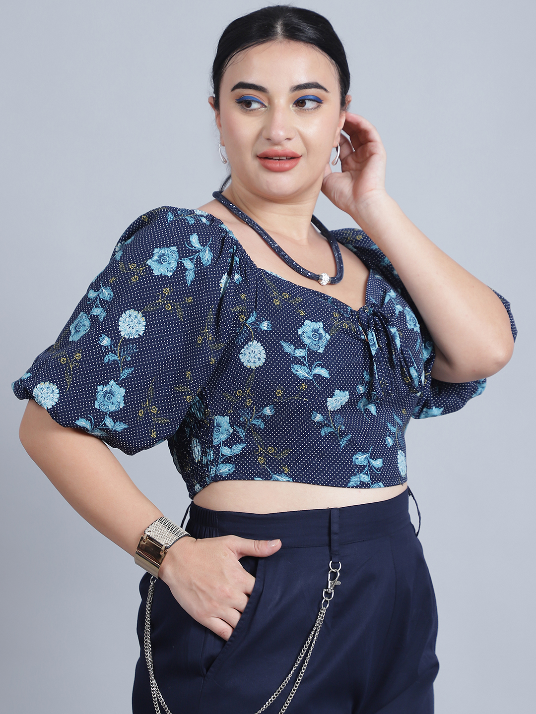 Alternative view of BaawRi Women's V-Neck, Half Sleeves & Front Tie-Knot Green Printed Regular Top