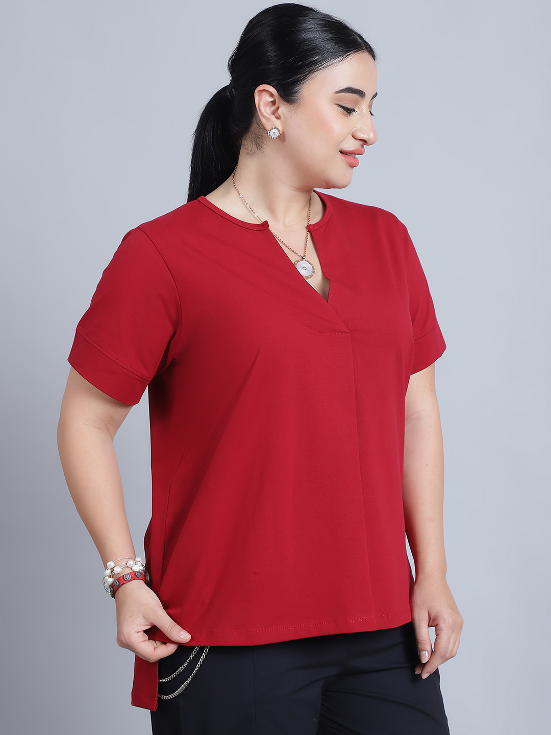 Alternative view of BaawRi Women's Short Sleeves & Front Pleat Solid Red Color Regular Top