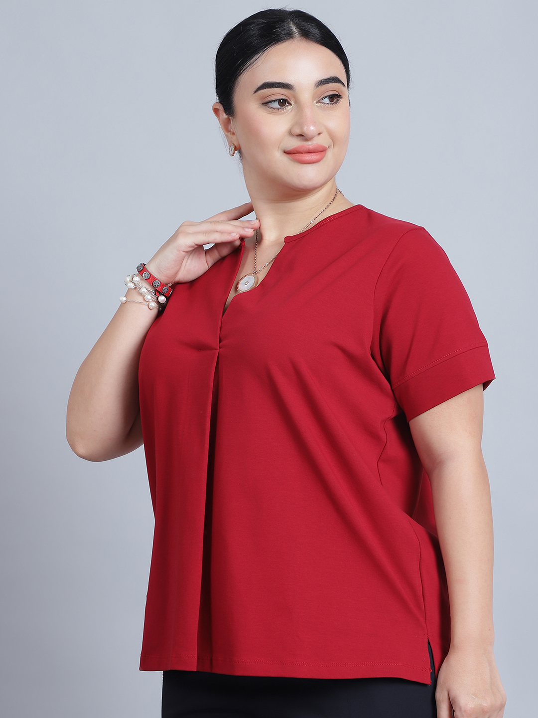 BaawRi Women's Short Sleeves & Front Pleat Solid Red Color Regular Top - Image 3