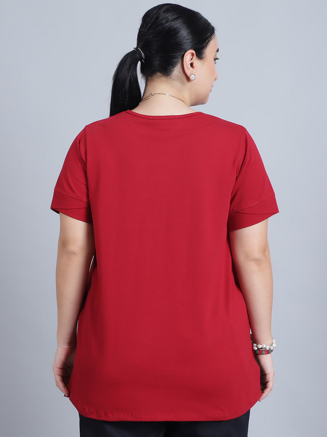BaawRi Women's Short Sleeves & Front Pleat Solid Red Color Regular Top - Image 4