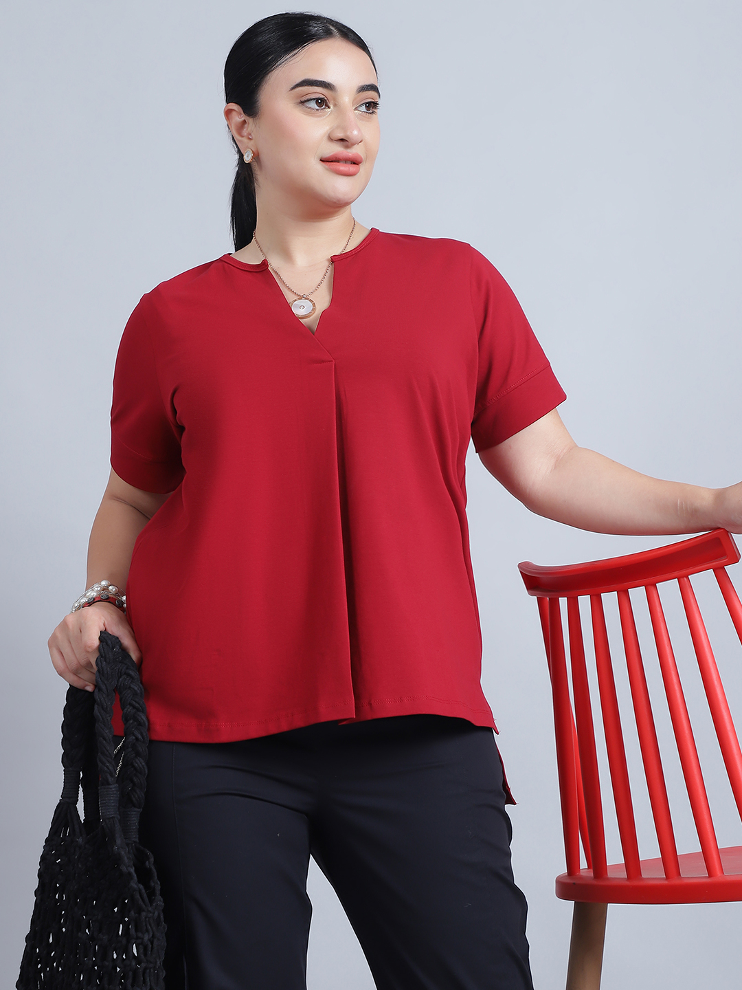 BaawRi Women's Short Sleeves & Front Pleat Solid Red Color Regular Top - Image 7