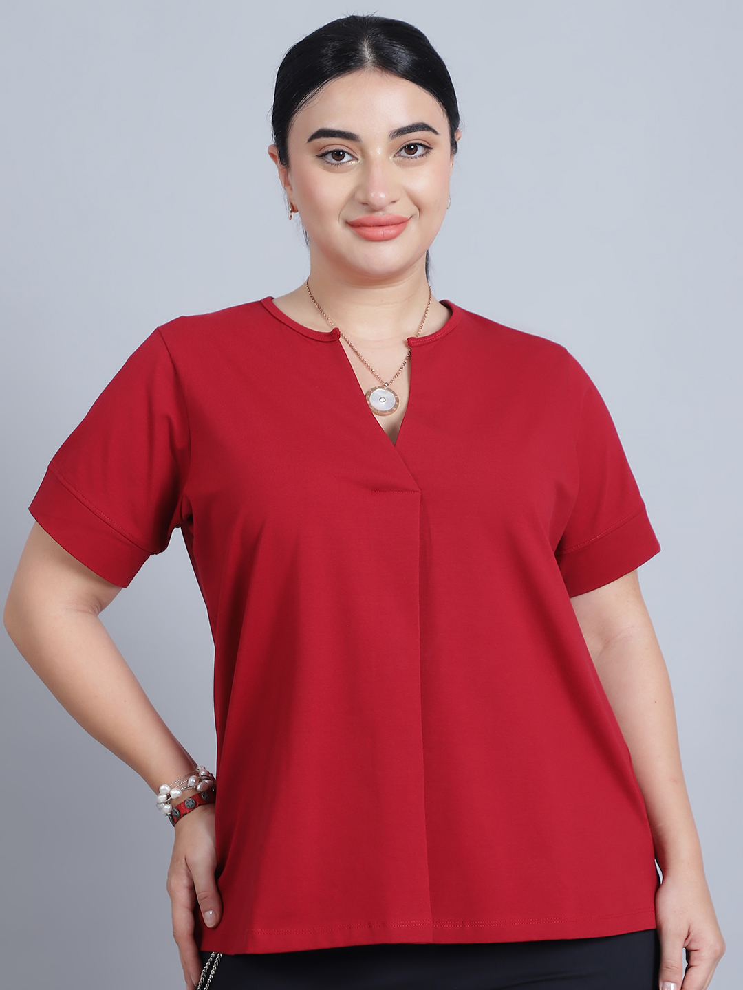 BaawRi Women's Short Sleeves & Front Pleat Solid Red Color Regular Top
