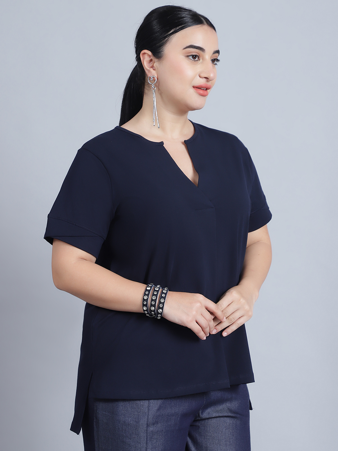 Alternative view of BaawRi Women's Short Sleeves & Front Pleat Solid Navy Color Regular Top