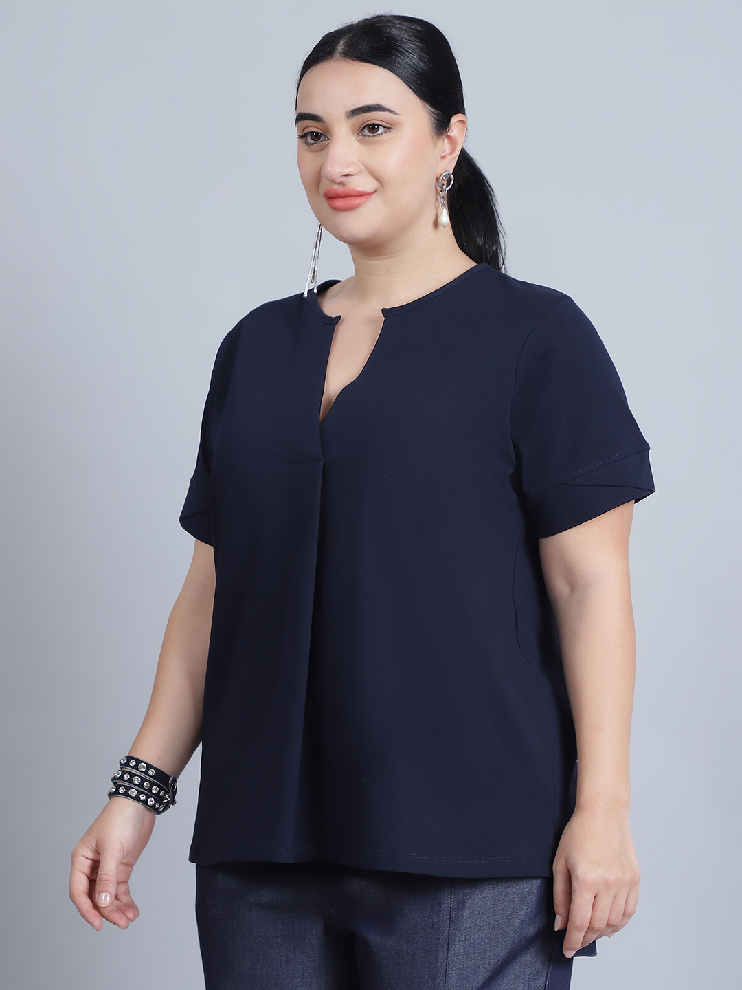 BaawRi Women's Short Sleeves & Front Pleat Solid Navy Color Regular Top - Image 3