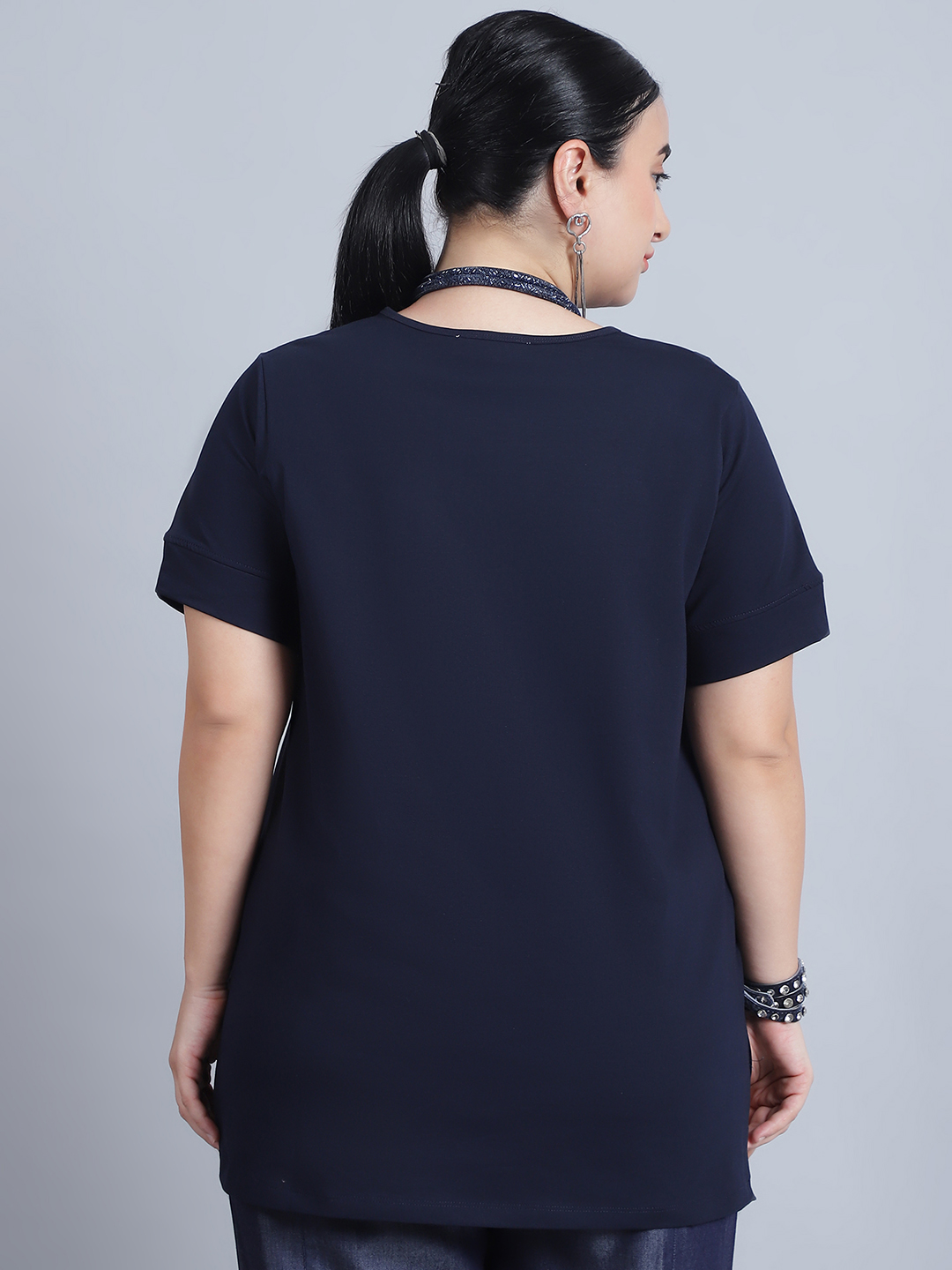 BaawRi Women's Short Sleeves & Front Pleat Solid Navy Color Regular Top - Image 4