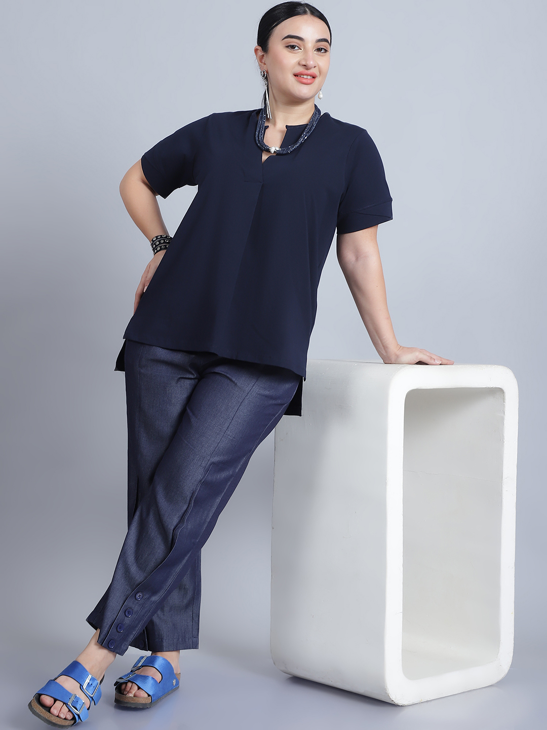 BaawRi Women's Short Sleeves & Front Pleat Solid Navy Color Regular Top - Image 6