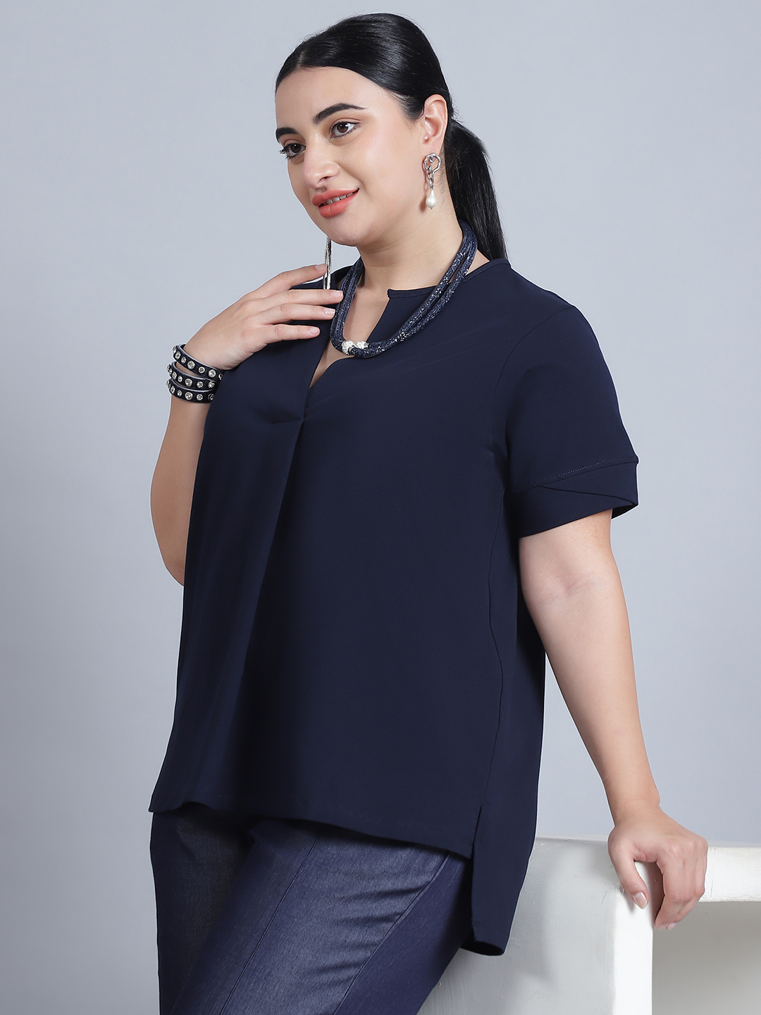 BaawRi Women's Short Sleeves & Front Pleat Solid Navy Color Regular Top - Image 7