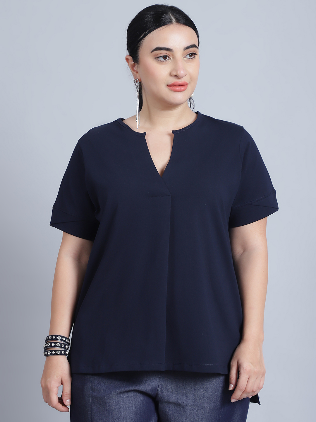 BaawRi Women's Short Sleeves & Front Pleat Solid Navy Color Regular Top