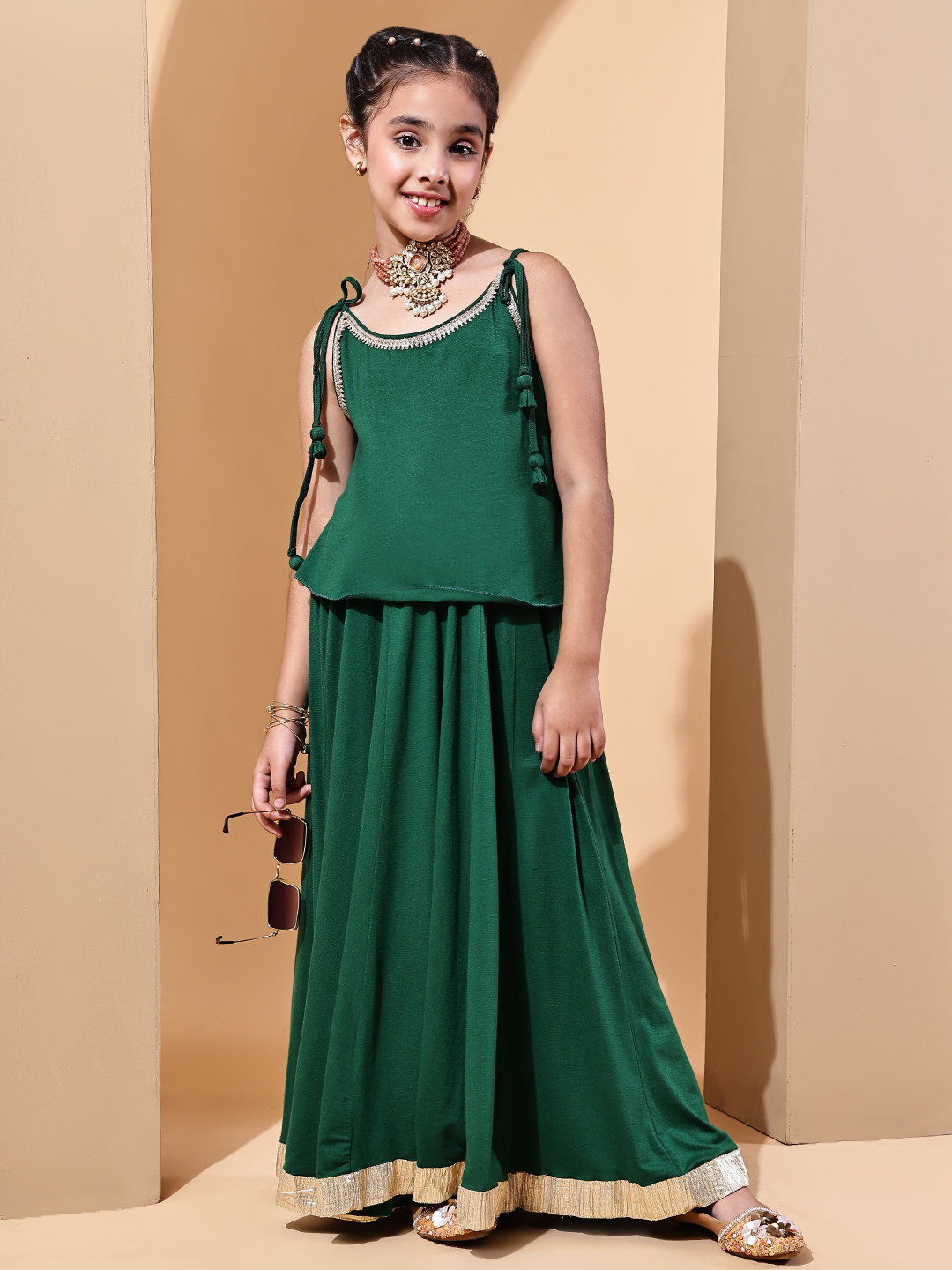 BaawRi Girls Soft Viscose Jersey Forest Green Lehenga Choli with Golden Lace Detailing - Image 9