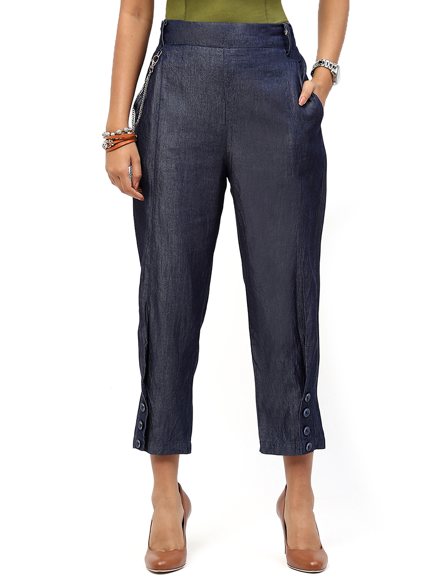 Alternative view of BaawRi Blue Solid Color Denim Cotton Trouser with Button & Chain Detail