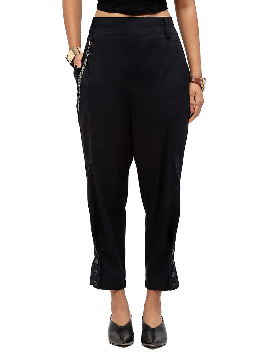Alternative view of BaawRi Black Solid Color Cotton Trouser with Button & Chain Detail