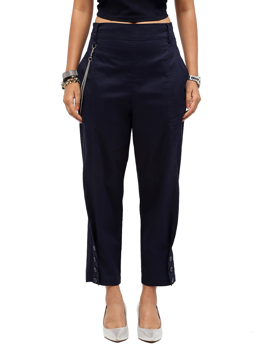 Alternative view of BaawRi Navy Blue Solid Color Cotton Trouser with Button & Chain Detail