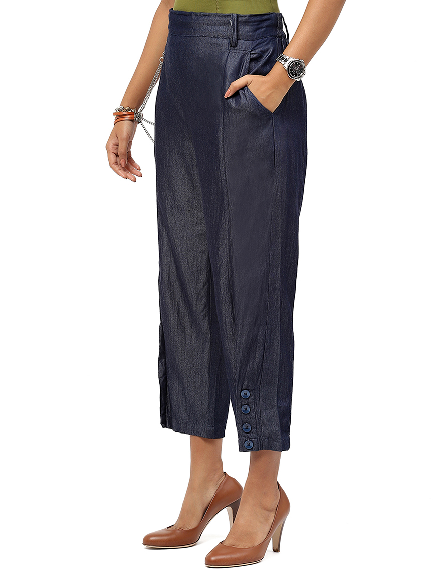 BaawRi Blue Solid Color Denim Cotton Trouser with Button & Chain Detail - Image 3