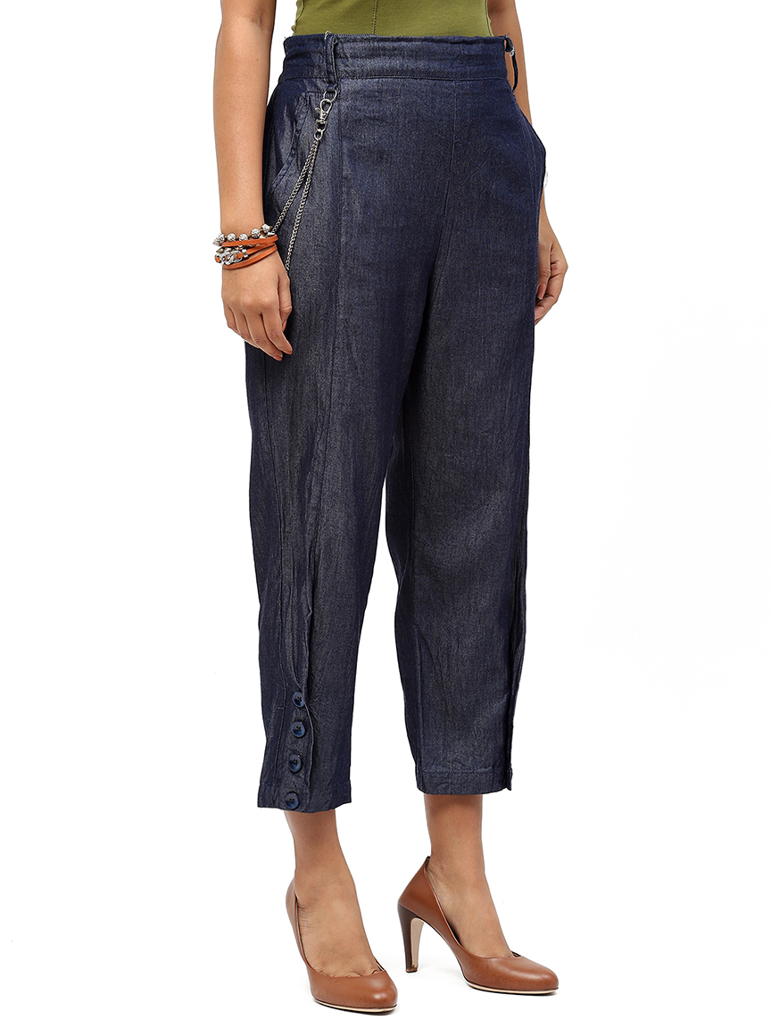 BaawRi Blue Solid Color Denim Cotton Trouser with Button & Chain Detail - Image 4