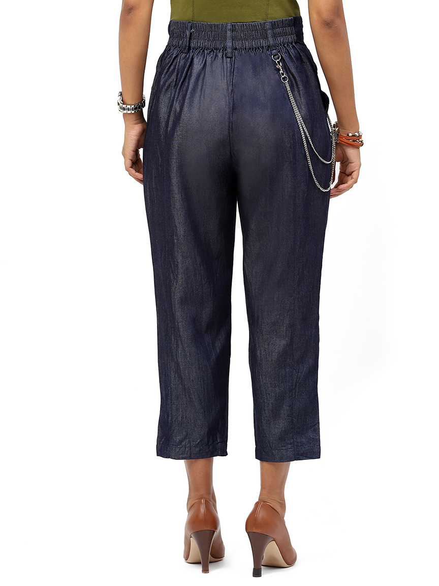 BaawRi Blue Solid Color Denim Cotton Trouser with Button & Chain Detail - Image 5