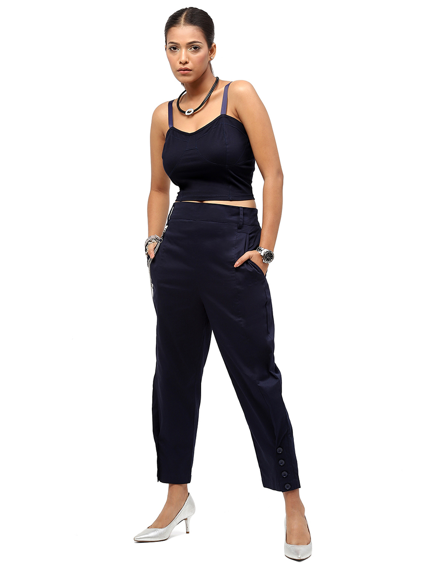 BaawRi Navy Blue Solid Color Cotton Trouser with Button & Chain Detail