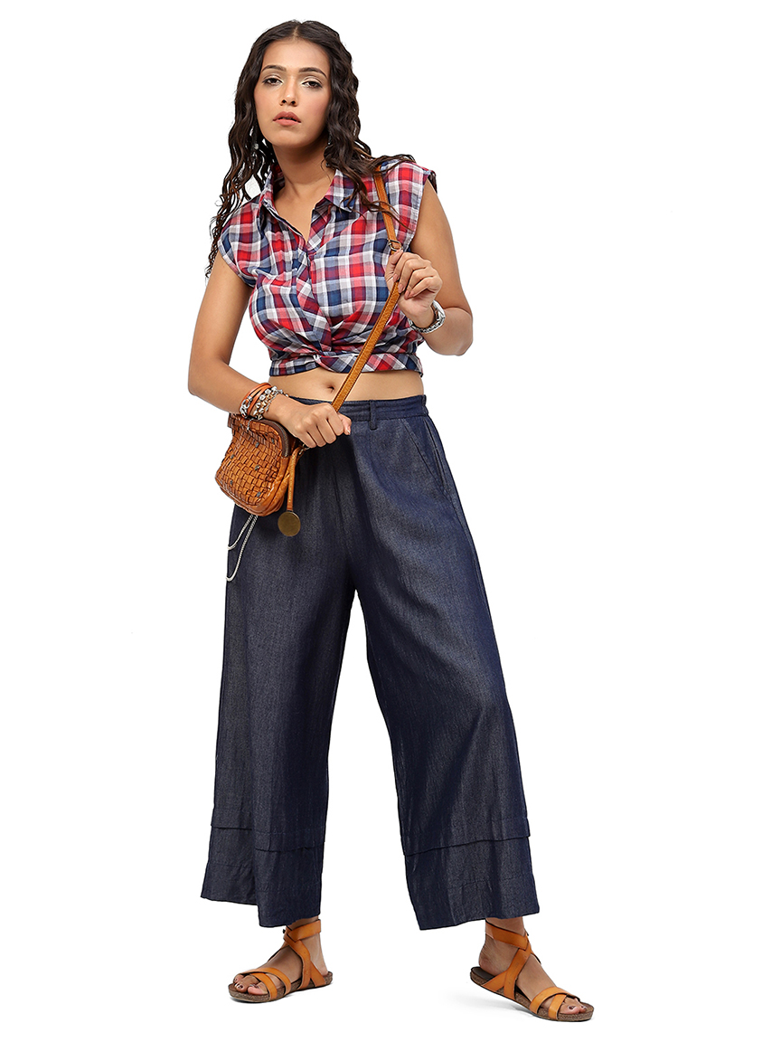 BaawRi Pink & White Check Print Shirt Collar Cotton Top