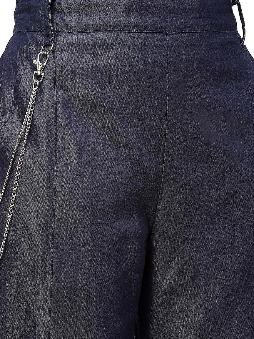 BaawRi Blue Solid Color Denim Cotton Trouser with Button & Chain Detail - Image 6