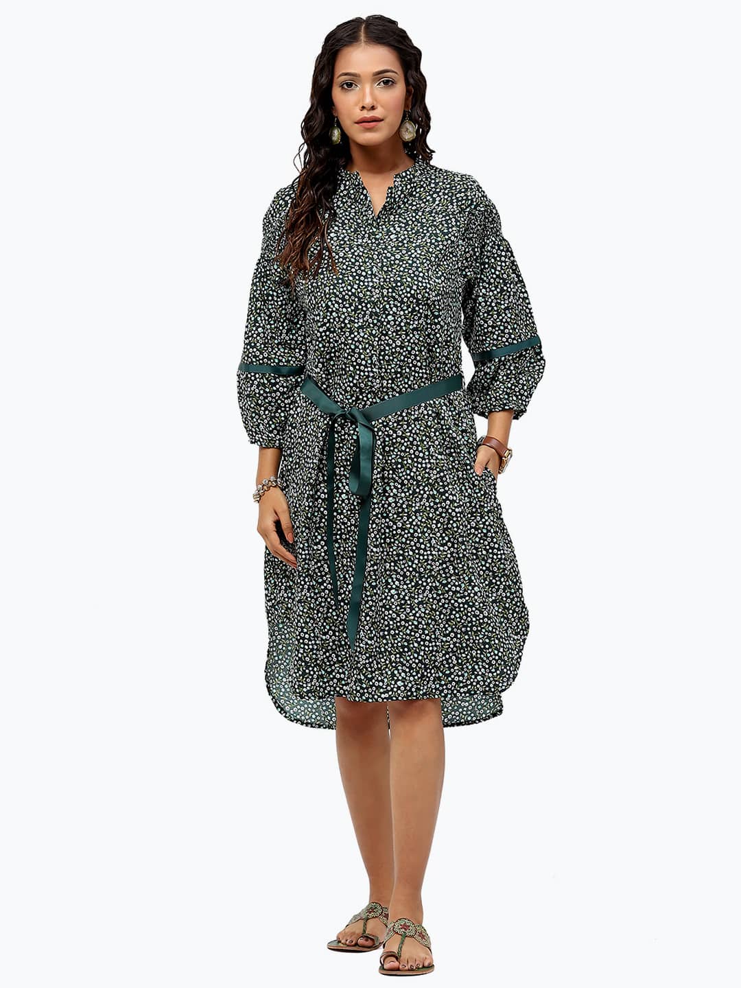 BaawRi Green Floral Printed Mandrin Collar Dress
