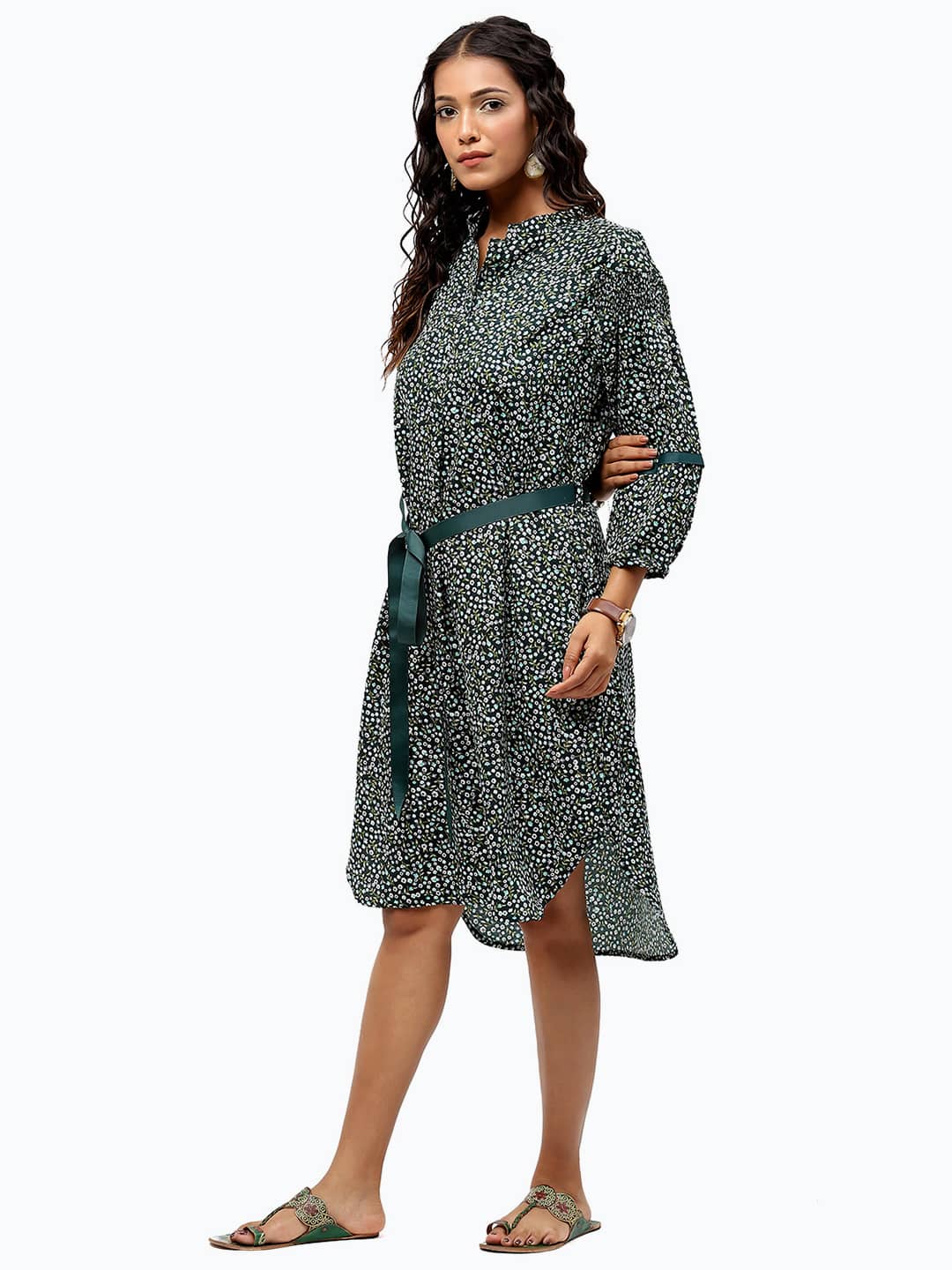 Alternative view of BaawRi Green Floral Printed Mandrin Collar Dress