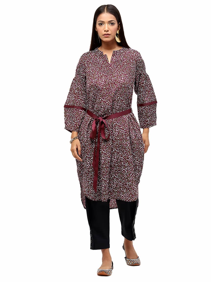 BaawRi Maroon Floral Printed Mandrin Collar Dress
