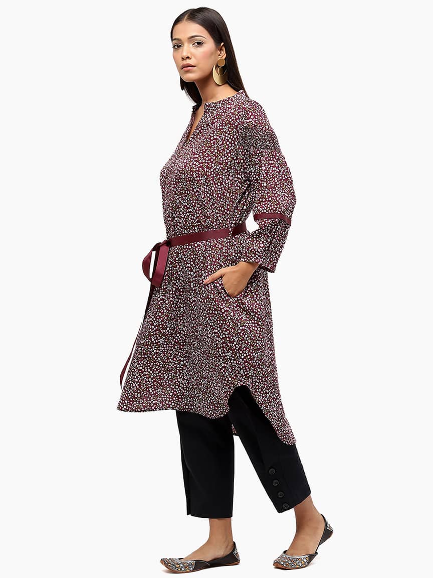 Alternative view of BaawRi Maroon Floral Printed Mandrin Collar Dress