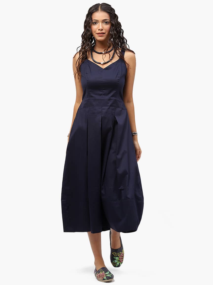 BaawRi Women's Blue Solid Color Cotton Dress