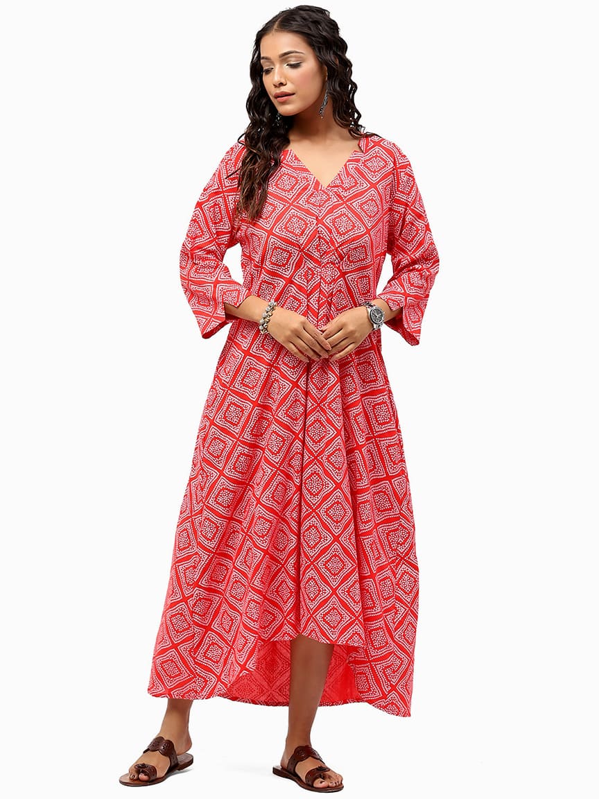 BaawRi Women's Red Bandhani Printed Dress