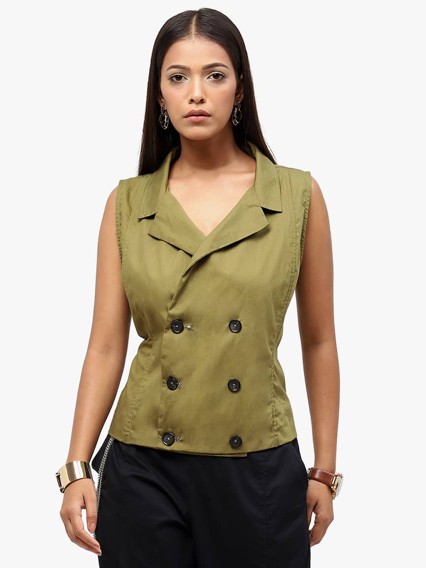 Alternative view of BaawRi Women's Olive Solid Color Cotton Waistcoat