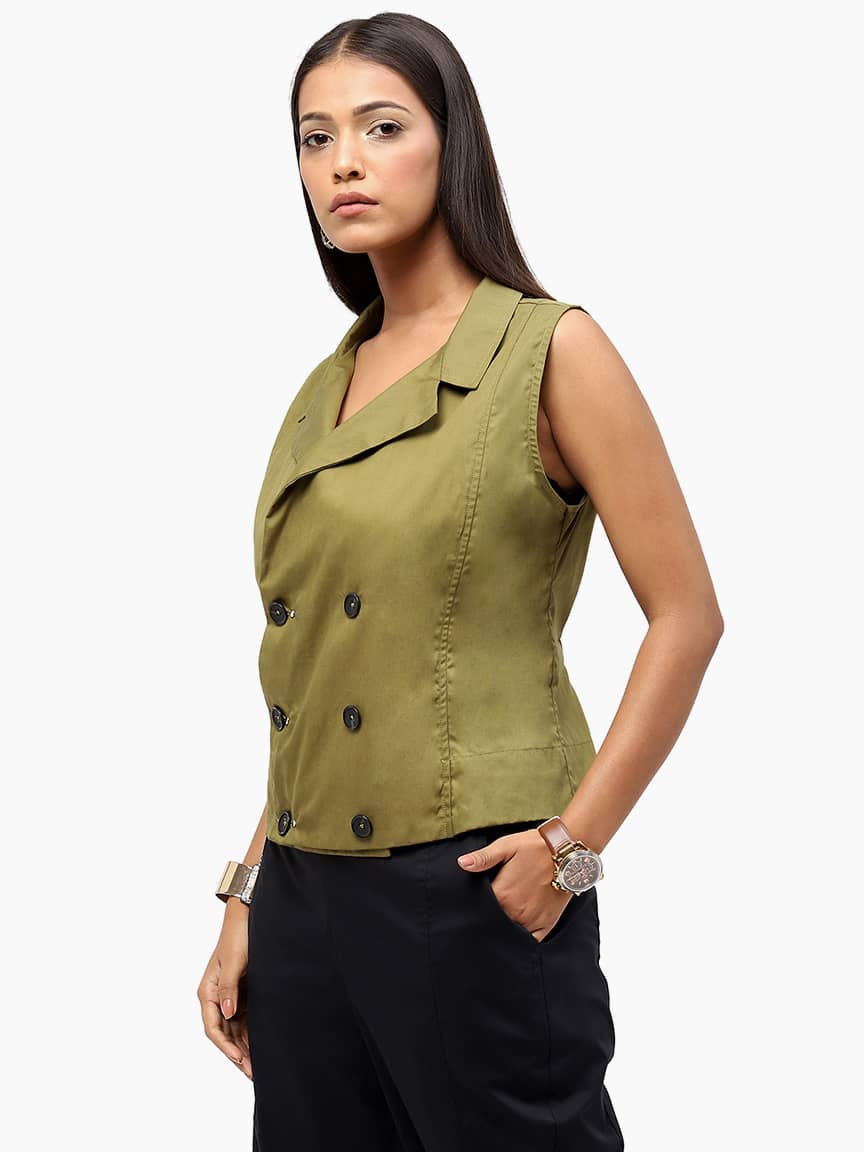 BaawRi Women's Olive Solid Color Cotton Waistcoat - Image 3