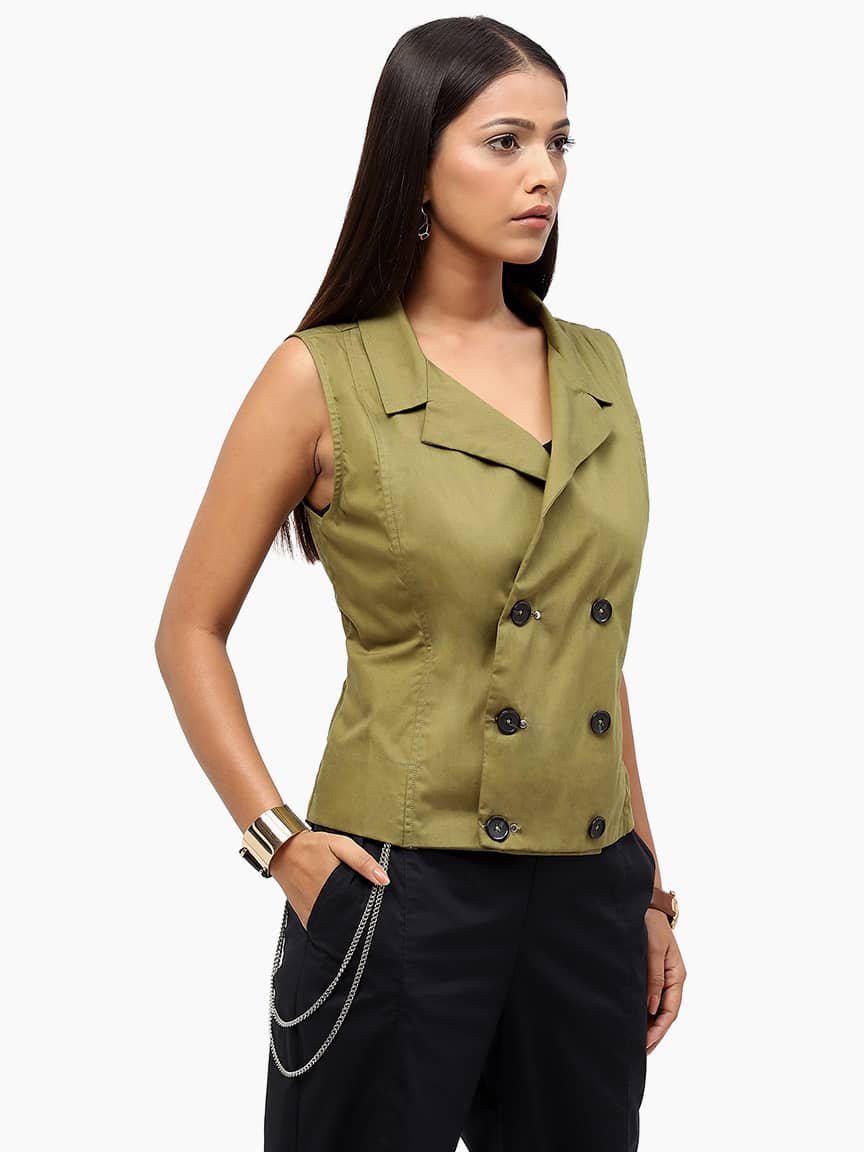 BaawRi Women's Olive Solid Color Cotton Waistcoat - Image 4