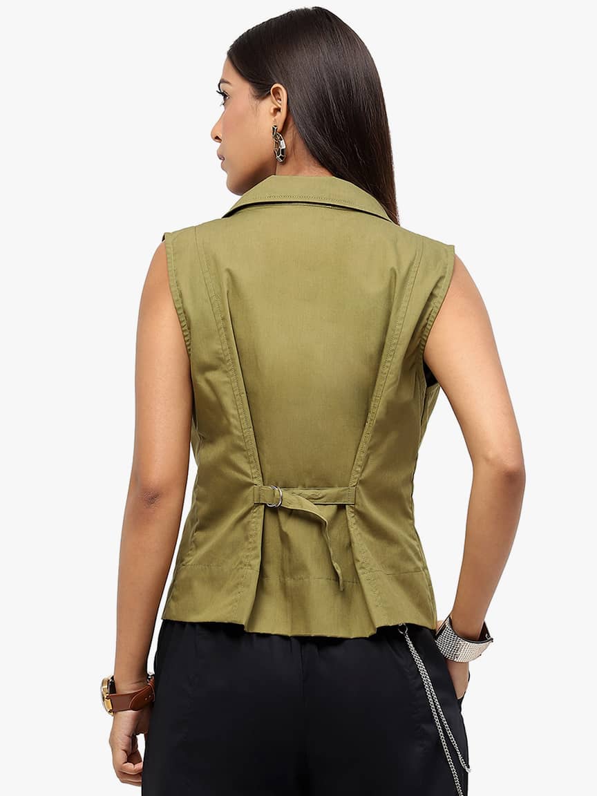BaawRi Women's Olive Solid Color Cotton Waistcoat - Image 5