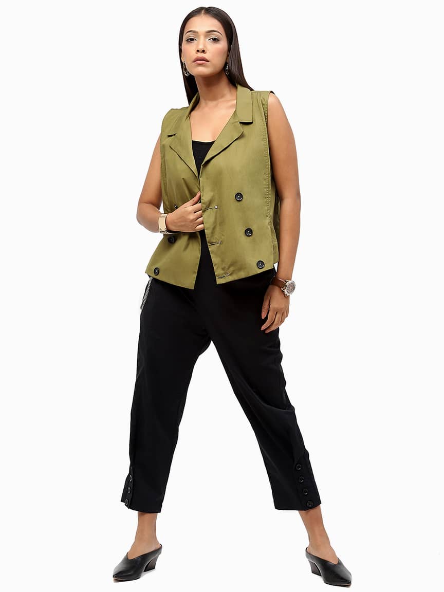 BaawRi Women's Olive Solid Color Cotton Waistcoat