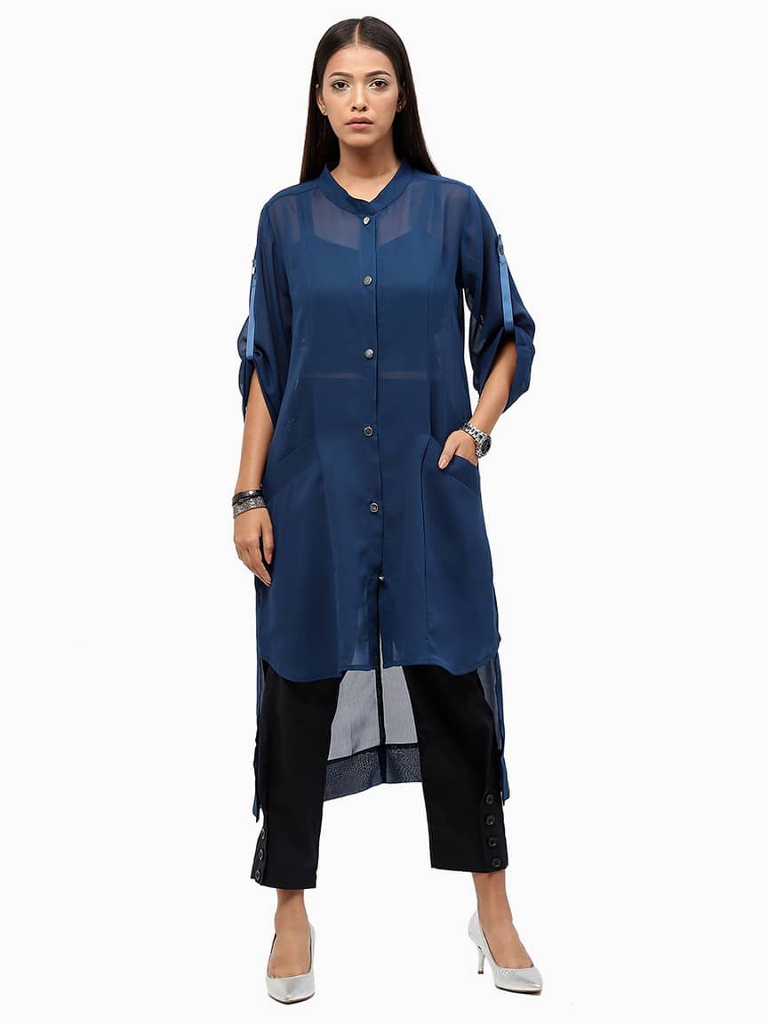 BaawRi Women's Blue Solid Color Mandrian Collar Shrug